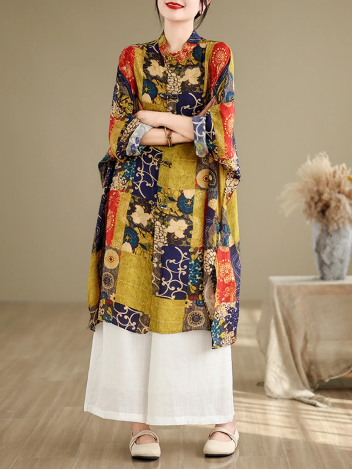 Nuevo Cárdigan largo abierto chino Sle irt para mujer, ropa de abrigo Retro con protección solar, detalle de botones holgado