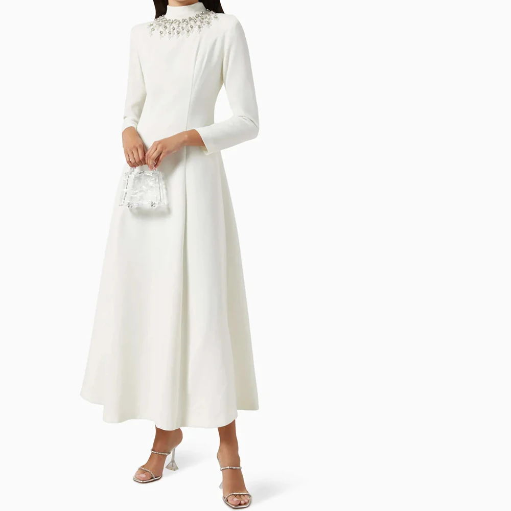 

White Women's A-line Evening Dresses Tea-length High-neck Full Sleeve Prom Gown Fashion Crystal Simple Draped Customized Gowns