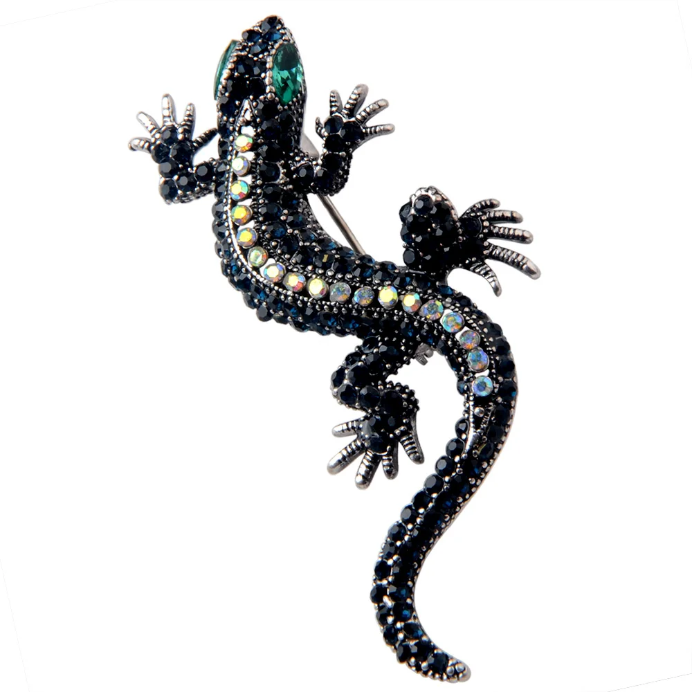 6.5cm Black Rhinestone Gecko Shape Brooches Lovely Metal Animal Brooch Pins Vintage Jewelry Clothes Brooch Gift for Men Women