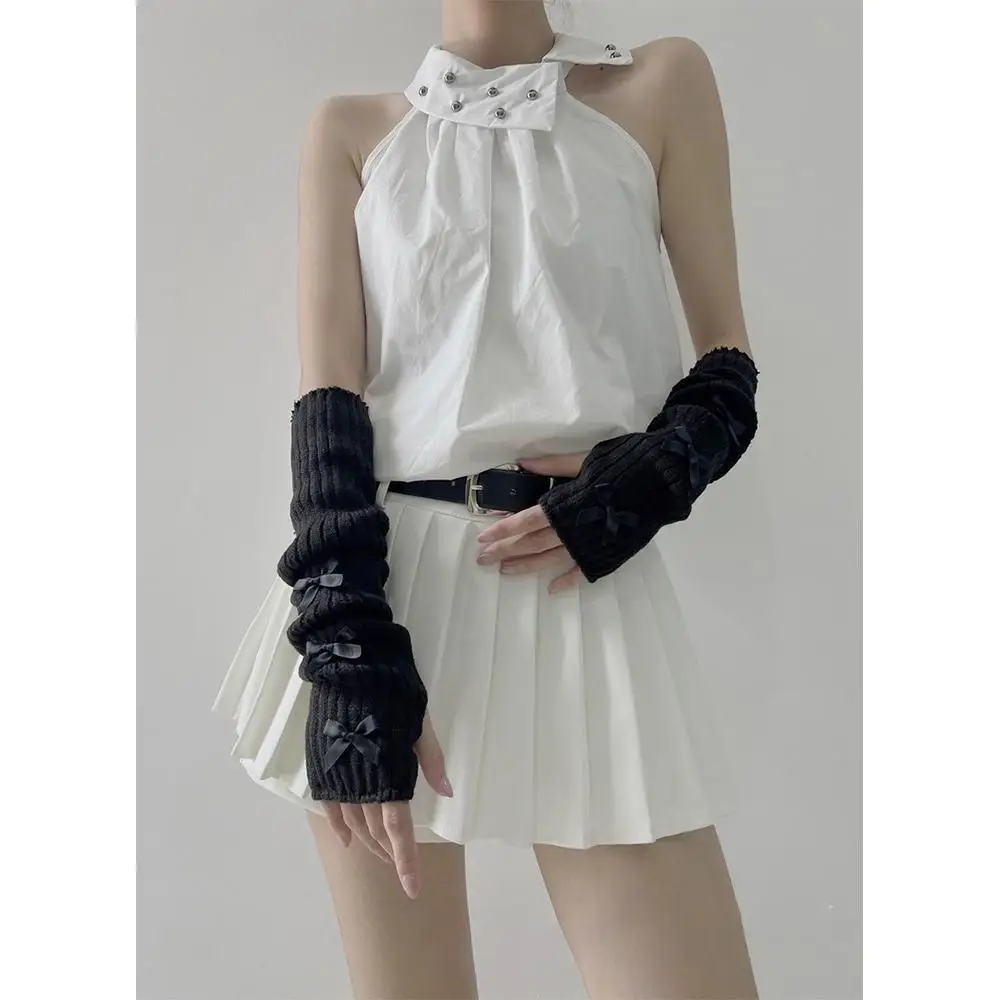PUNK Lolita Bowknot แขนอุ่นญี่ปุ่น Harajuke Gothic แขน Y2K หวานถักแขนยาว Fingerless Mittens สําหรับผู้หญิง