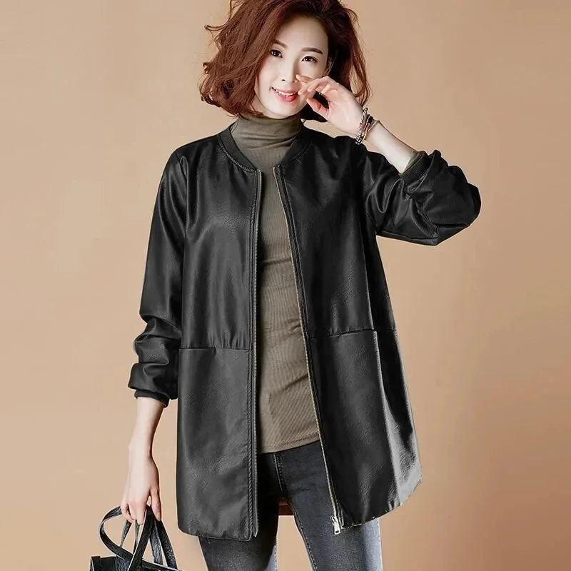 6XLFashio Mid-Long Leather Jacket Women\'s Autumn And Winter New Korean Loose Baseball Uniform Leather Jacket Windbreaker Elegant