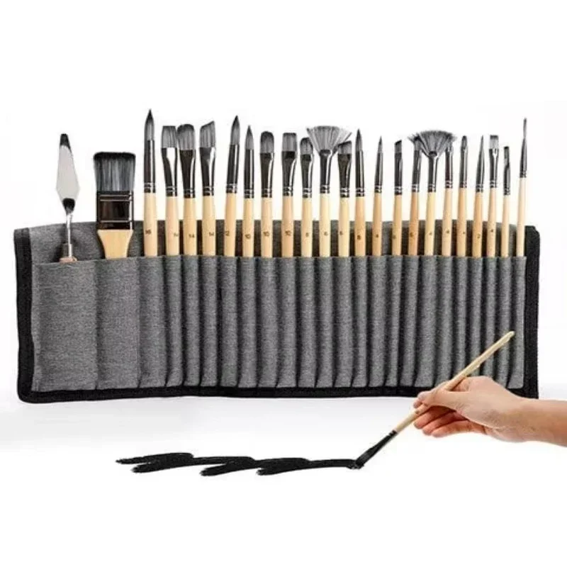 Professional Art Brush With Natural Wood Handles Set Of 24 Nylon Hair Birch Short Rod Artist Paint Brush Set Applicable