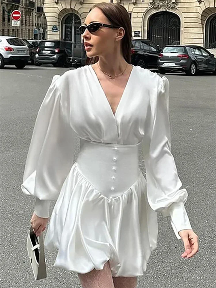 Patchwork Fashion Slim Mini Dress Women's V-Neck Bandage High Waist Elegant Autumn Party Dress Female Zipper Mini Dress