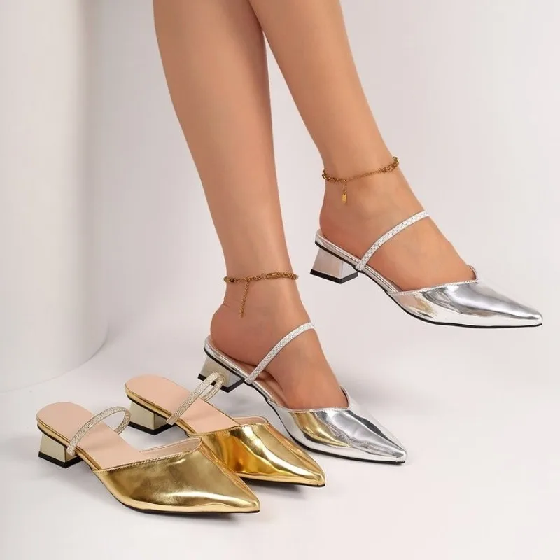 French High Heels Women's 2026 Summer New Block Heel One-line Strap Back Empty Wrapped Head Slippers