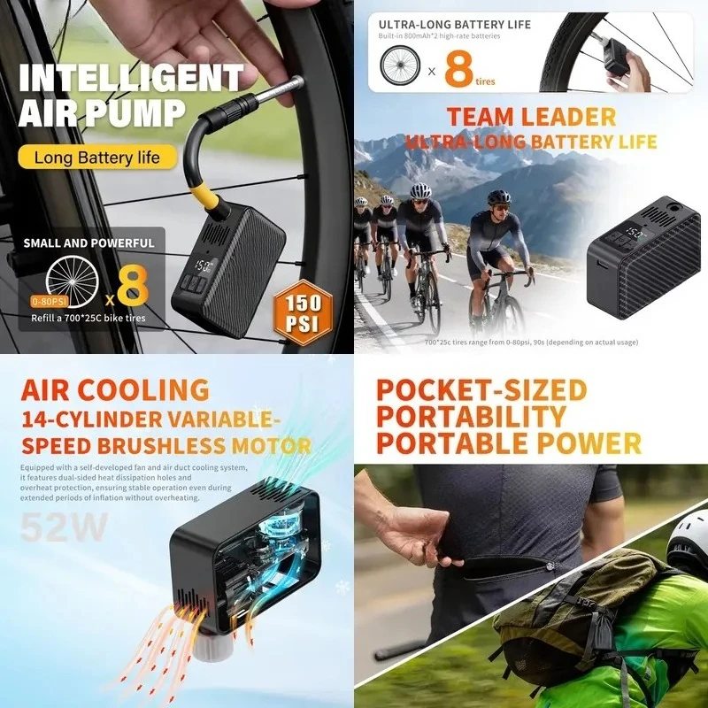 TOWILD A15 Intelligent Bike Air Pump 150PSI High Pressure Mini Portable Electric Pump For AV/FV Tire Inflator Bike