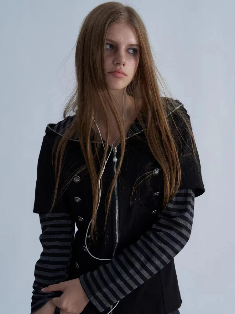 Unisex Black Striped Sleeve Hoodie Zip Up Faux Two Piece Napoleon Button Slim Fit Streetwear Alt Grunge Punk Edgy Y2K Aesthetic - view 5