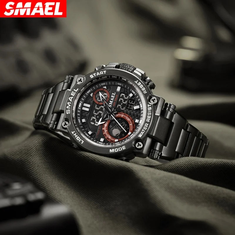 SMAEL 8095 Casual Men's นาฬิกาอิเล็กทรอนิกส์ปฏิทินนาฬิกาปลุกกันน้ําสายสแตนเลสกีฬาแฟชั่นนาฬิกาดิจิตอล
