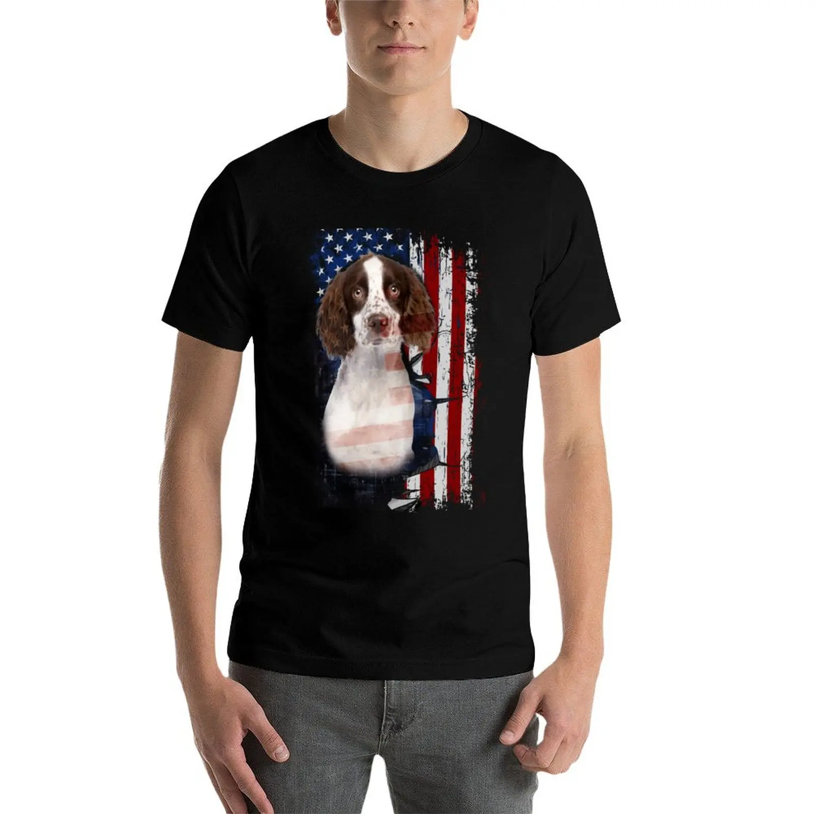 

English Springer Spaniel America Flags T-Shirt t shirts designer man t shirt summer t shirts for man pack white T-Shirt