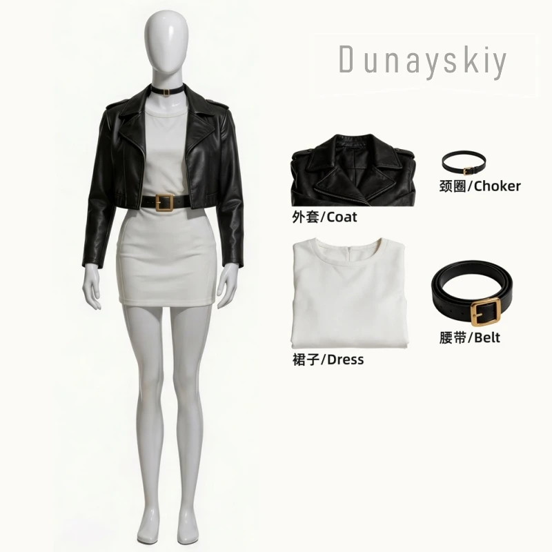 Yamada Tayama Cosplay Costume Wig Behind The Supermarket Smoking With You Black Leather Jacket White Mini Dress Mini Dress Black view 4