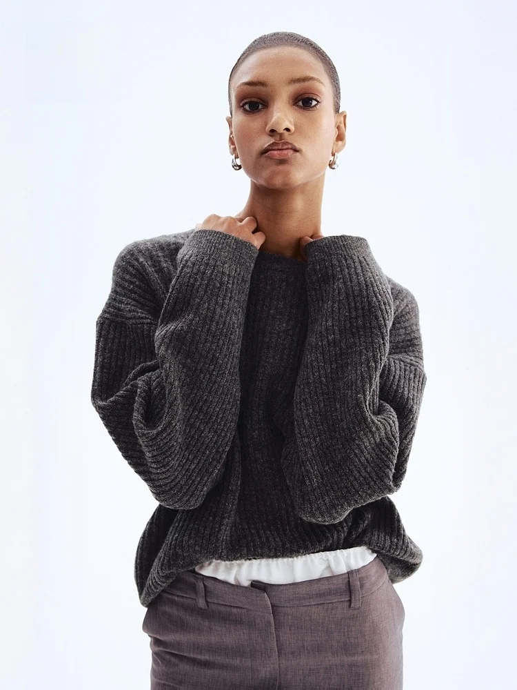 ゆったりとしたロングスリーブのニットセーター、レディース冬用カジュアル、快適なフィット感、H&Mニットウェア 293287