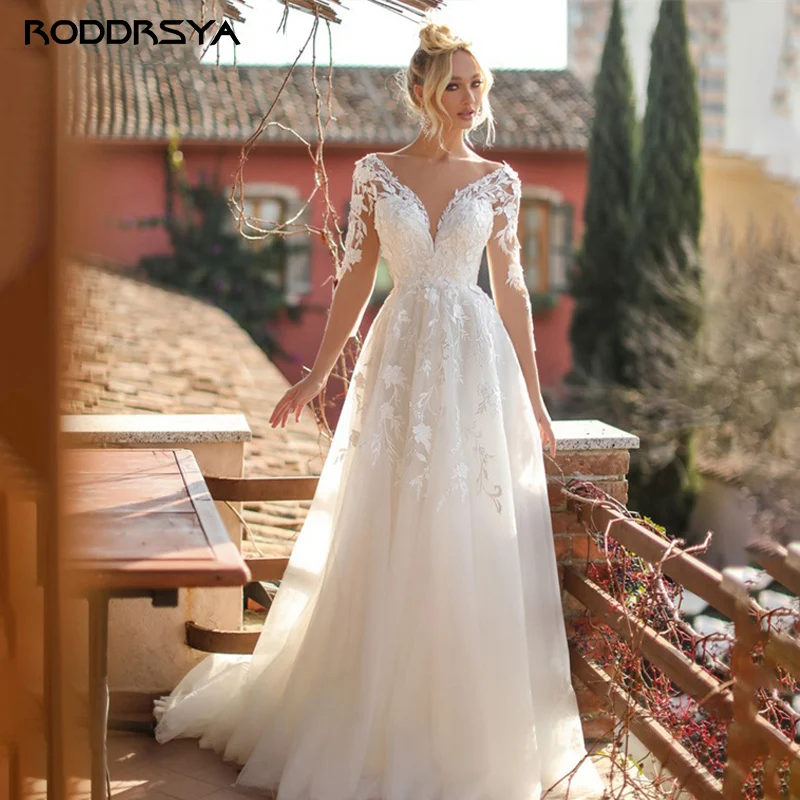 RODDRSYA V vestido de novia Vestidos De Noiva MariageRODDRSYA-vestido De novia De manga larga con cuello en V para mujer, Vestidos De novia con apliques De encaje, Espalda descubierta, personalizado