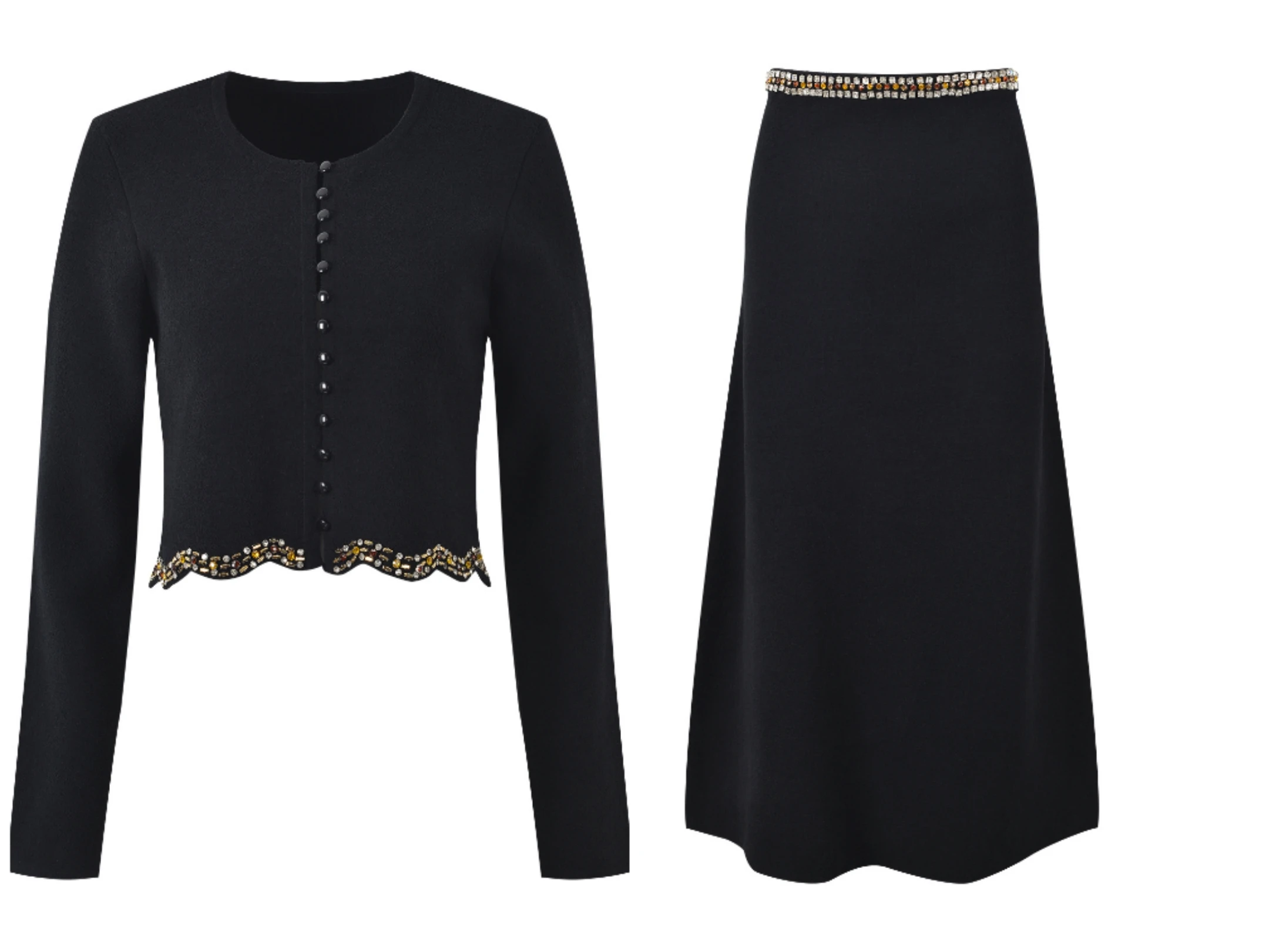 

High-End Bla Knitted Sweater with Heavy Rhinestone Decorations Long Wave Lace Skirt Set Spring 2025 Faion Women's Wear