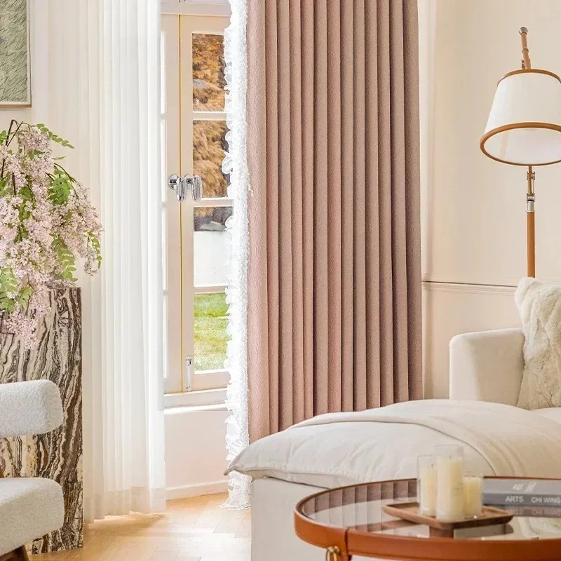 

Blackout Chenille LuxuryCurtains for Living Dining Room Bedroom Wrinkled Jacquard Patchwork Side Leather Pink Girl White Tulle