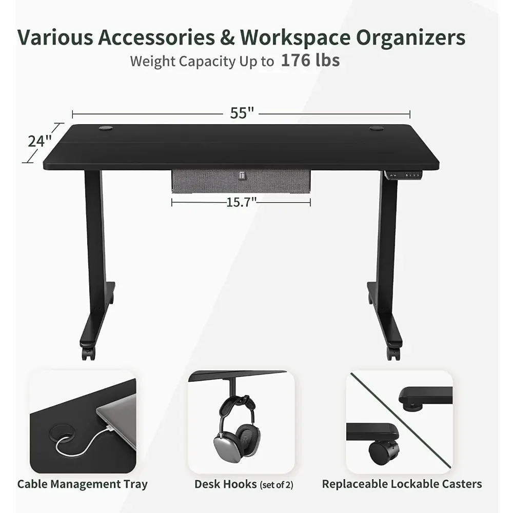 مكتب قائم مقاس 55 × 24 بوصة مع درج، مكتب كهربائي بارتفاع قابل للتعديل مع مساحة تخزين، مكتب مكتب منزلي للجلوس.