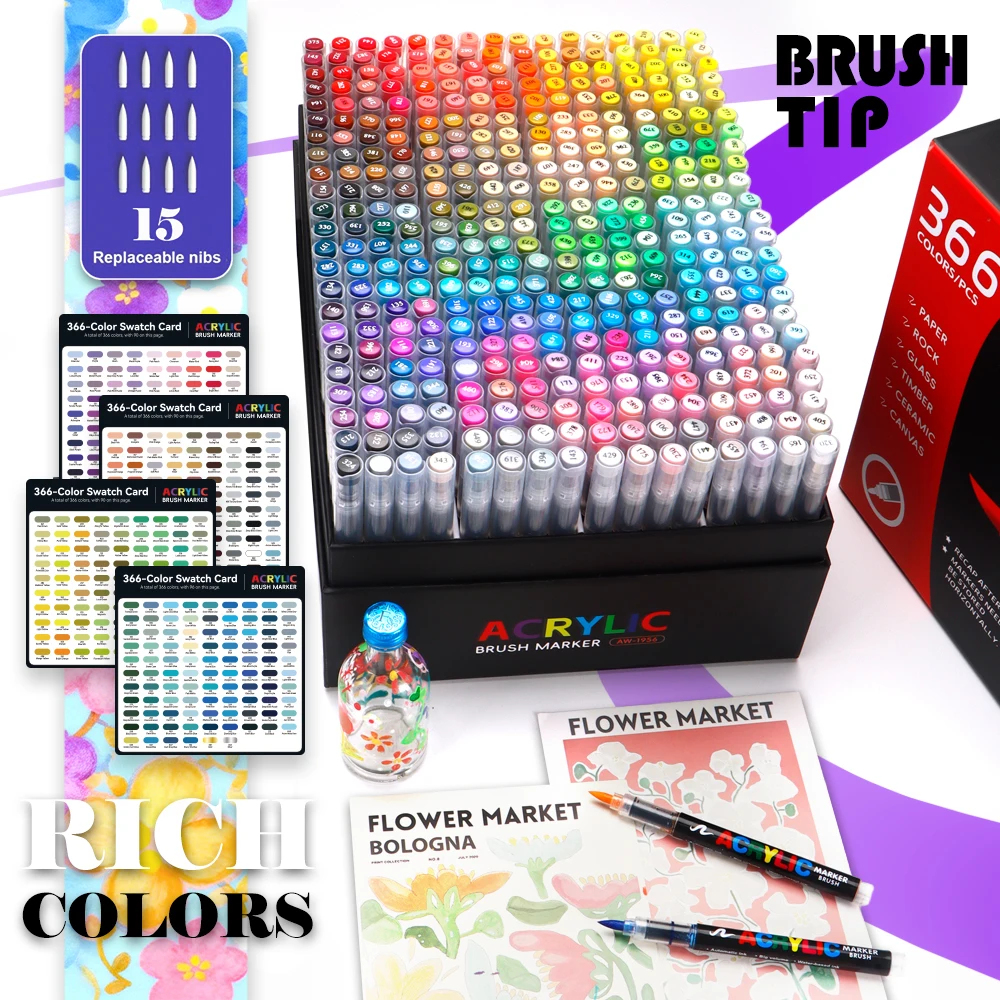 

12/366/408 Colors Acrylic Paint Markers Flexible Brush Acrylic Markers Set for Rock Wood Canvas Stone Painting Art Supplies
