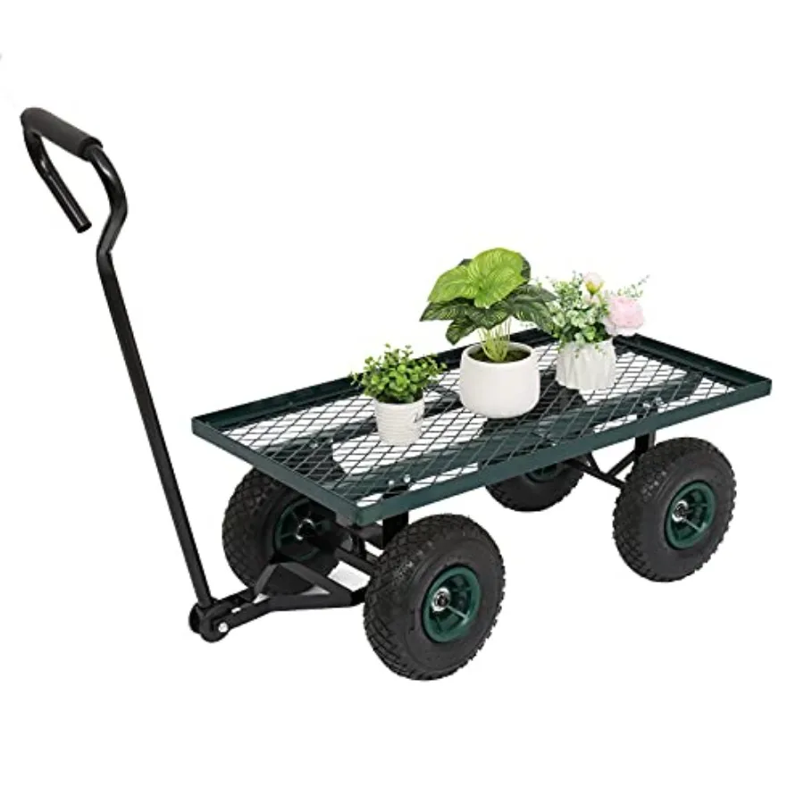 

Heavy duty metal deck garden cart with 10 air tires for farm yard and cargo use green color rugged all-terrain mobility and hig