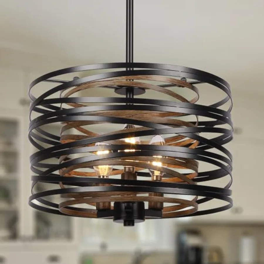 

Dining Room Chandelier 12.6" Black Chandeliers Wood Grain and Vintage Light Fixture for Kitchen Entryway Living Room