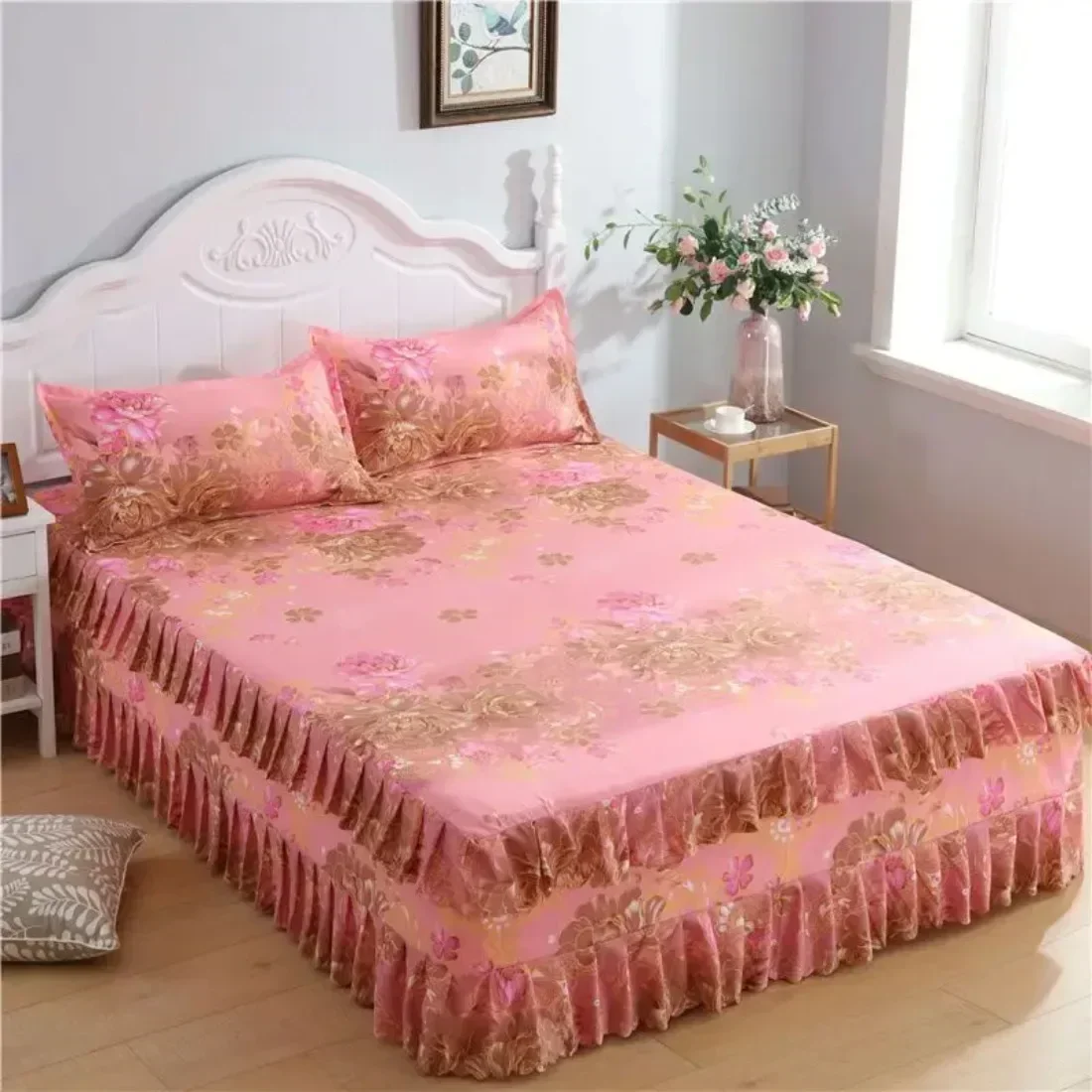 3PCS/Set Bed Sheet Set Flower Bedspread - Non-Slip Bed Dress Sheet for King/Queen Size 1.5M/1.8M/2M Beds Soft Home Bedding Cover