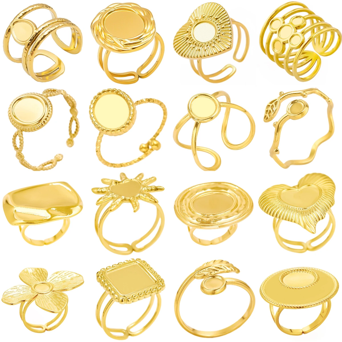 Chic 6pcs/lot Real Gold Plated Stainless Steel DIY Rings Open Adjustable Settings Base Rings for Women Jewelry Charms Never Fade
