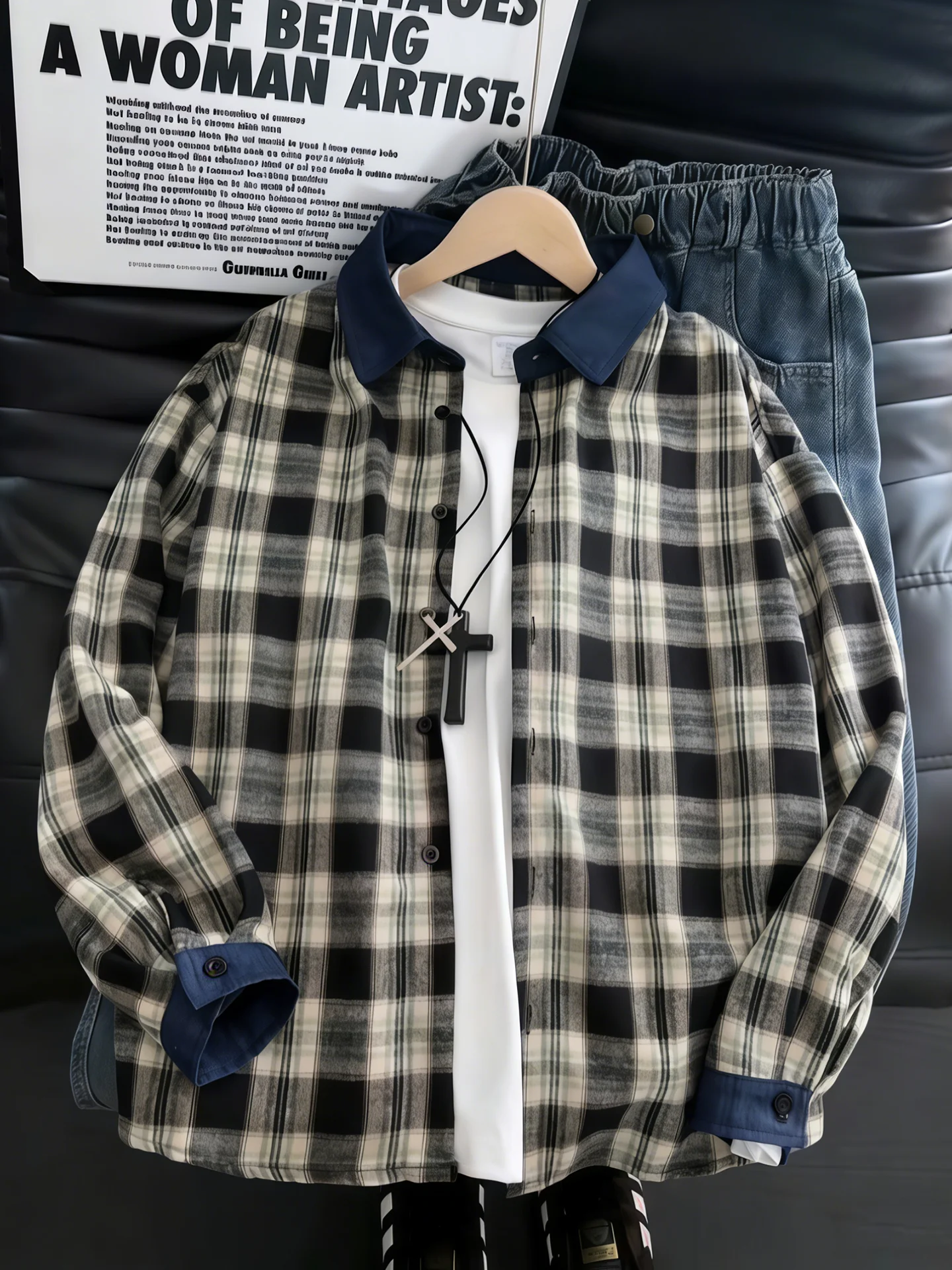 

American Retro Plaid Long Sleeve Men's Shirt Spring Cleanfit High-End Small Fragrance Style Shirt Jacket Casual Loose Fit Pol...