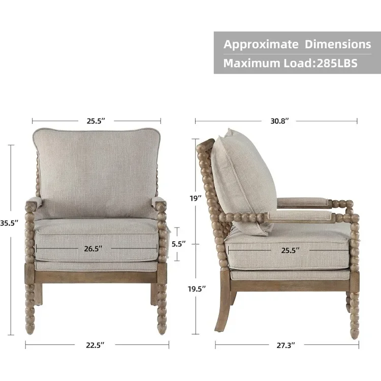 Linen Fabric Spindle Accent Chair Set with Wood Frame,Modern Accent Chairs with Padded Spring Seat and Brushed White Base