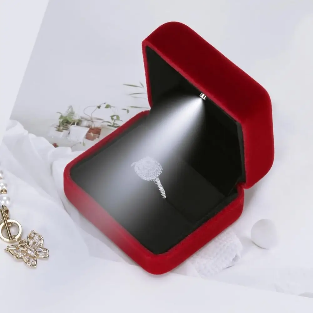 

Бархатная светодиодная шкатулка для драгоценностей с кольцом, однотонная квадратная форма, светодиодная подсветка, витрина для колец, многоразовый прочный чехол-держатель для колец