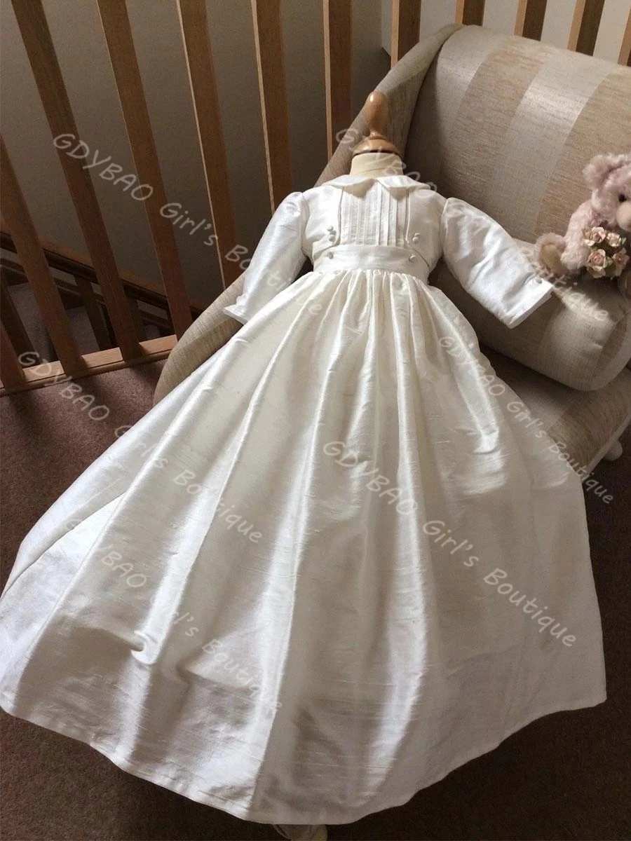Newborns Linen Christening Dress Shawl Neck Full Sleeve Party Gown Draped First Communion Wedding Dress for Flower Girls Custom