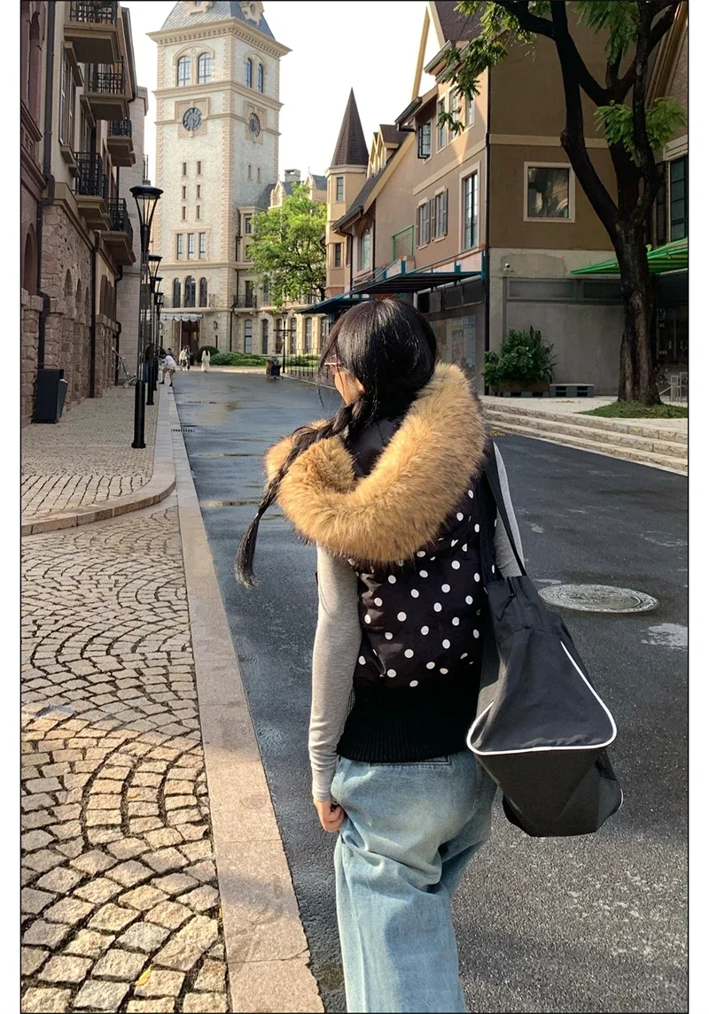 Harajuku Gothic Polka Dot Vest Jacket Fur Collar Hooded Women Fall Winter Casual Sleeveless Y2K Cotton Padded Quilted Coat Жилет