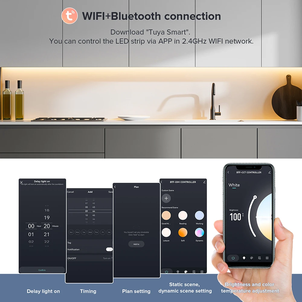 Imagem -04 - Fcob Cct Conduziu a Luz Kits Tuya 640led Voz Wifi Bluetooth App Regulável Alta Densidade Fob Cob Led Tira de Luz para Sala Estar Dc24v