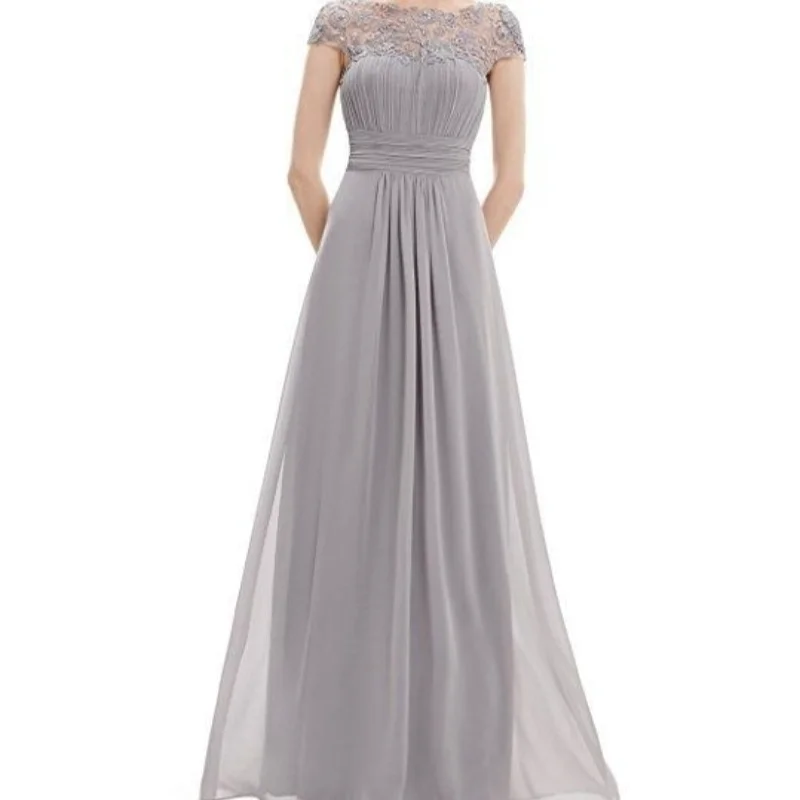 Women\'s Elegant Evening Gowns Cap Sleeve Ruched Lace Round Neck Chiffon Formal Bridesmaid Dress for Summer