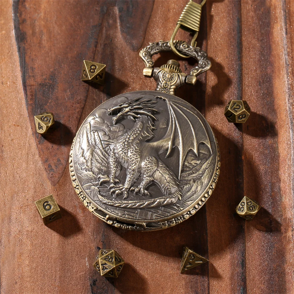 Vintage Metal Dragon Pocket Watch Case Dice Sets Retro Gift for Game Dices Lovers Fob Chain Pendant Pocket Clock Case Mini Dices view 5