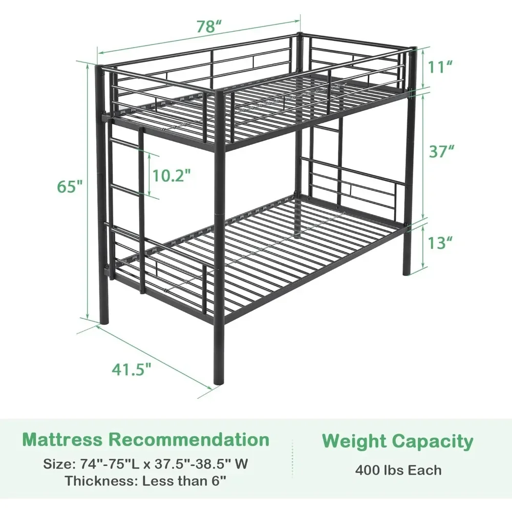 金属製の二段ベッド,ツインオーバーツイン,はしごとフルレングスガードレール付きの工業用二段ベッド,ノイズフリー,ボクシングスプリングは不要,黒