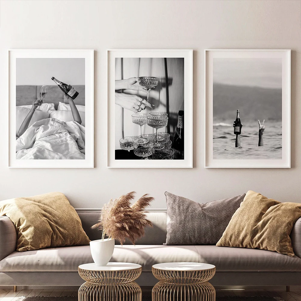 

Set of 3 Black and White Luxury Fashion Champagne Fun Canvas Painting Print Poster Home Decor Wall Picture For Bar LIvingroom
