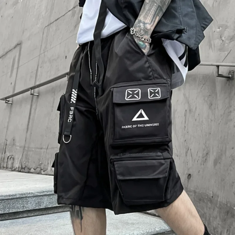 New Summer Men's Functional Letter Drawstring Cargo Shorts Trendy Sports Paratrooper Techwear Chic Knee Length Trousers