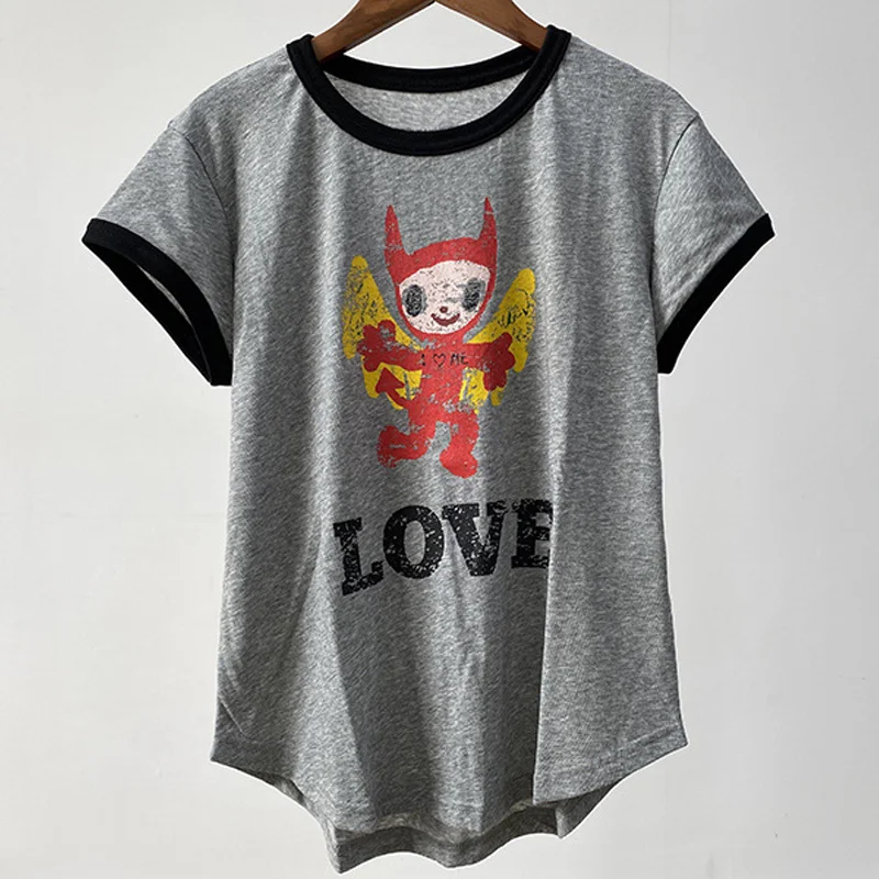 رمادي تي شيرت المرأة طاقم الرقبة القطن تيز سيدة عادية الشيطان دمية تي شيرت الإناث قصيرة الأكمام البلوز فضفاض الصيف الكتان المحملة #3