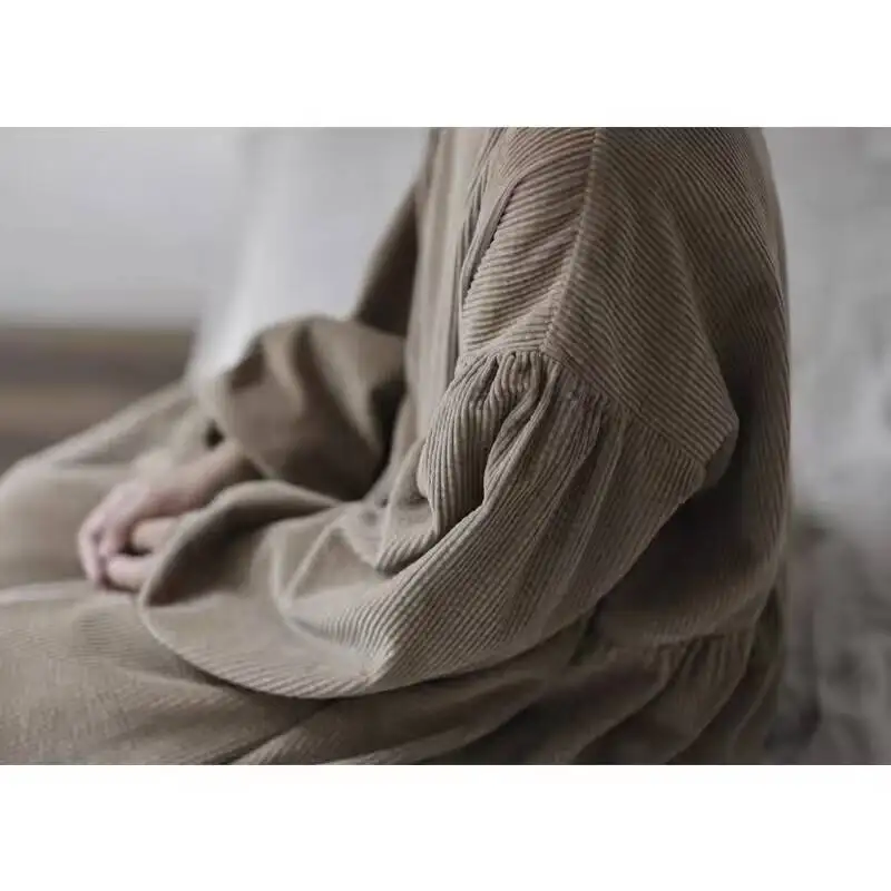 2024 neue Ankunft Herbst Winter Frauen Casual Lose Puff Hülse O-ansatz Gerade Kleid Baumwolle Cord Ankle-länge Kleider Y36