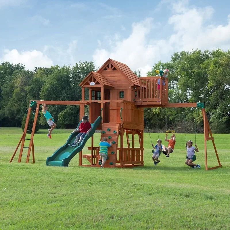 Cedar Wood Swing Set with Wave Slide & Clubhouse, Outdoor Playset with Monkey Bars & Sandbox