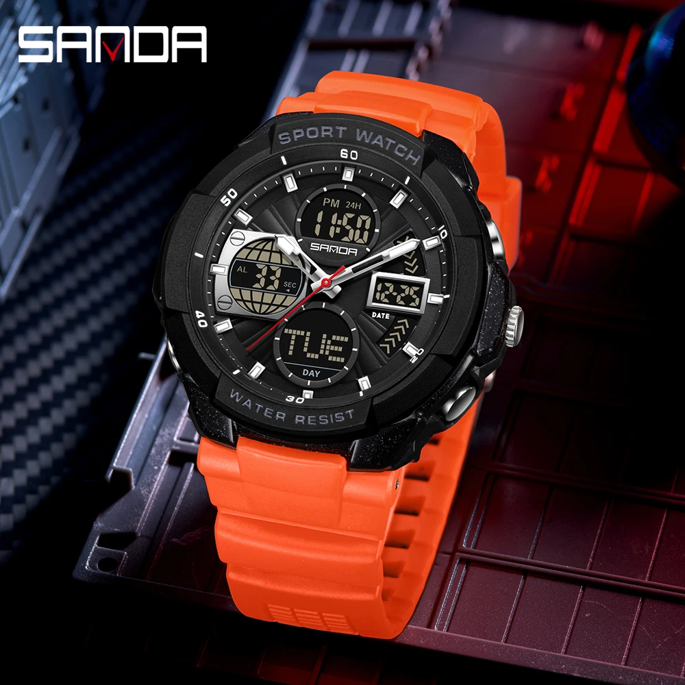 

SANDA 6298 брендовые повседневные мужские спортивные часы с подсветкой 50 м антистуденческий будильник с двойным дисплеем цифровые часы 2026