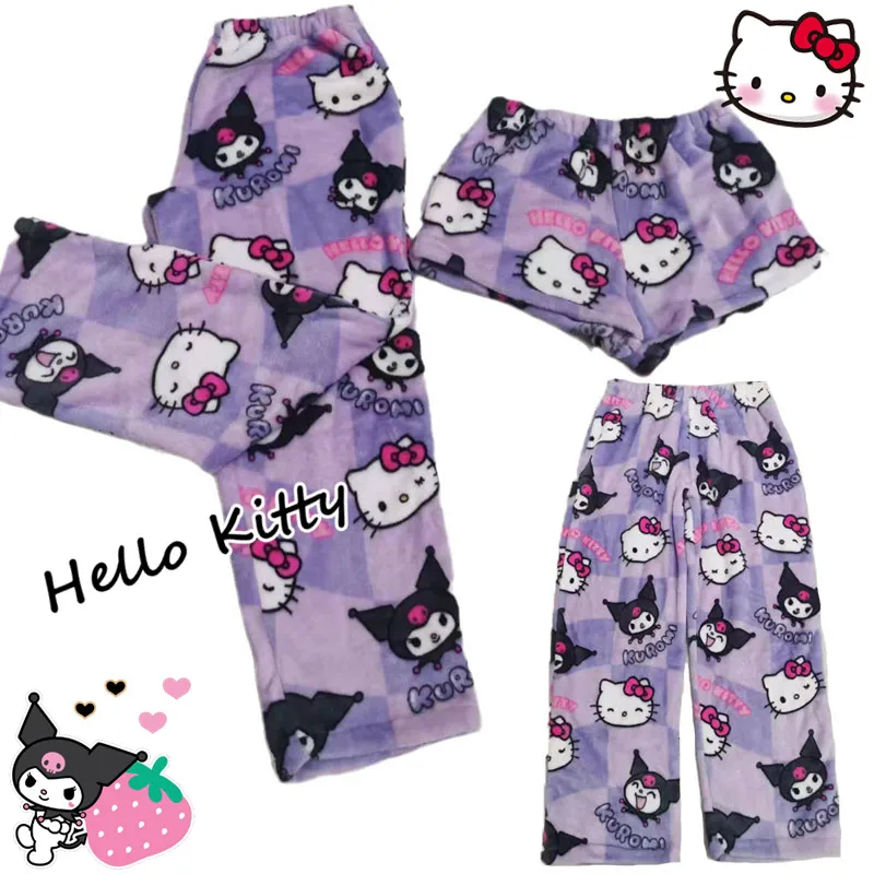 Leisure Sports Hello Kitty Shorts Kawaii Plush Fashion Kuromi Cartoon Female Summer New Pajama Pants Wide Legs Loose Trousers