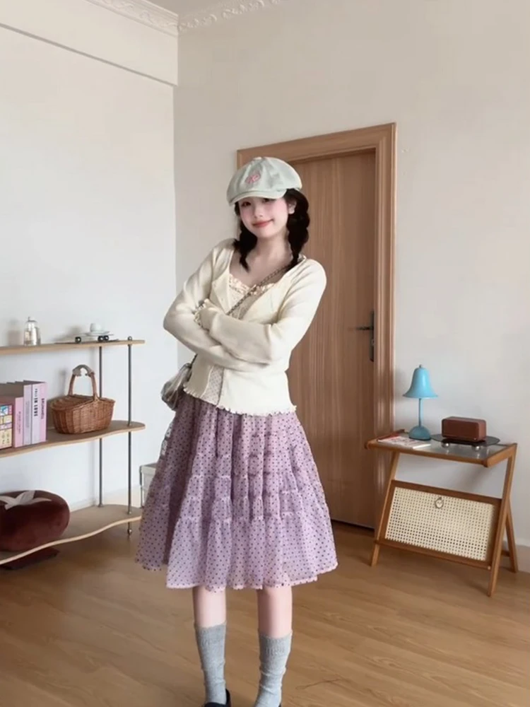 Romantic Sweet Purple Polka Dot Halter Neck  Dress Women's High Waist A-Line Skirt Clean Fit Style Spring New Arrival
