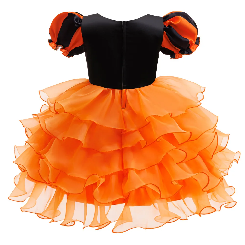 Halloween-Kostüm für Mädchen: Kleid mit Puffärmeln, Rüschen und mehreren Stoffschichten aus Tüll + Hexenhut + Süßigkeitenbeutel in Form einer Kürbis, Party-Outfit für Kinder, 3-teiliges Set. – Detail 10