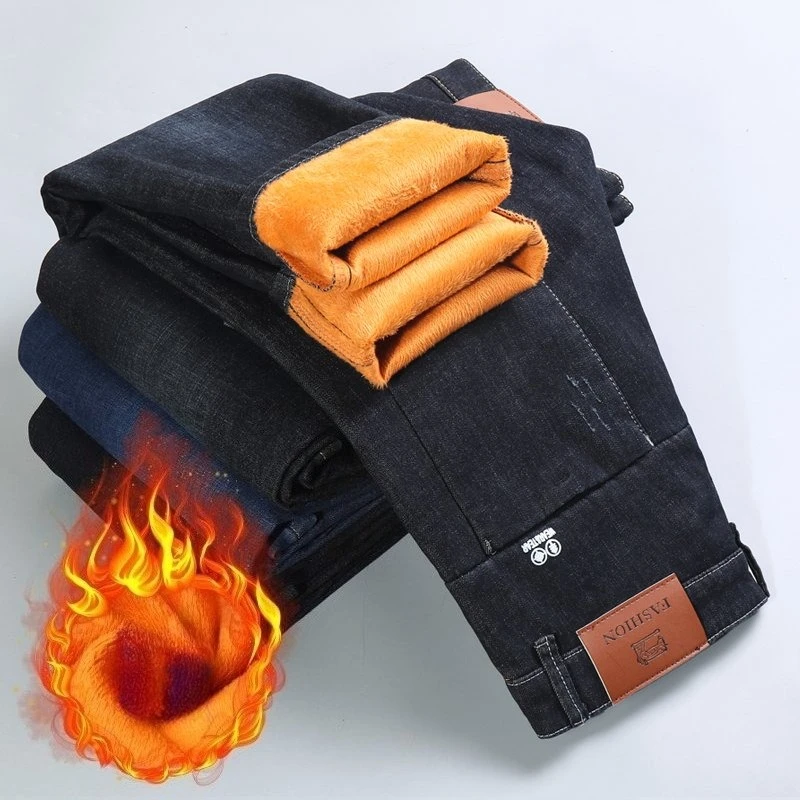 

Зимние толстые теплые новые эластичные плюшевые джинсы, мужские облегающие брюки из флисовой ткани, приятные для кожи, мягкие джинсовые брюки, повседневные брюки в стиле ретро