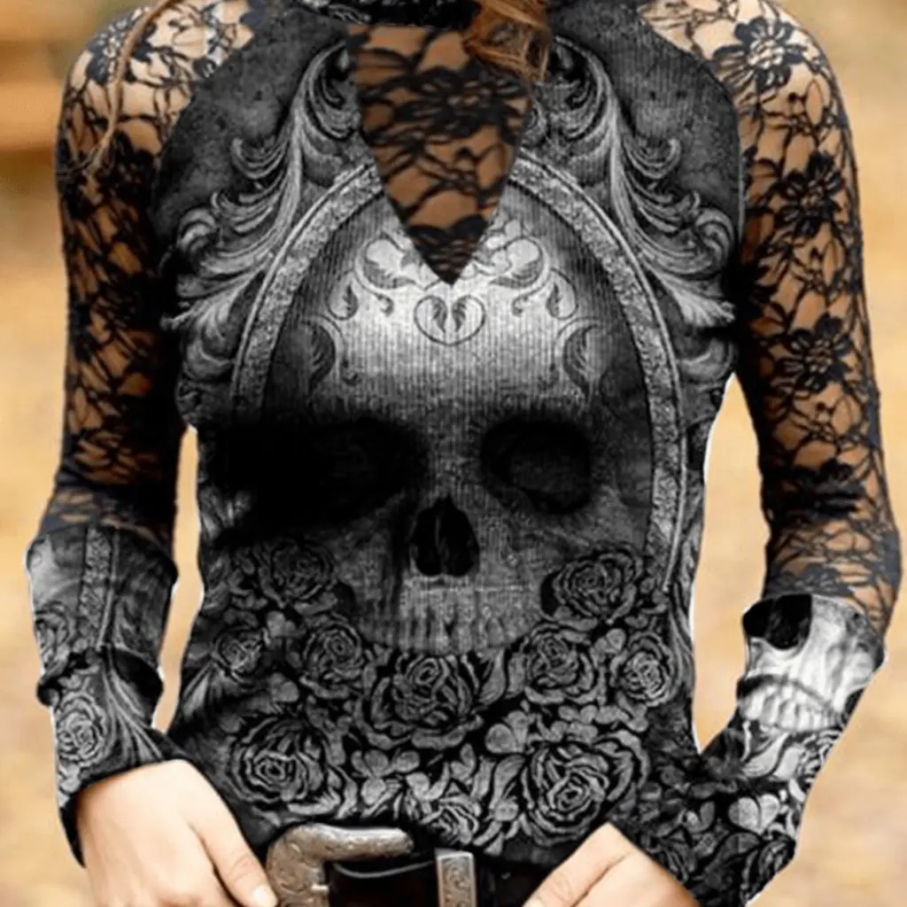 

Women's Lace Skull Printed T-shirt Autumn Winter European American Style Top for Ladies Casual Fashion by