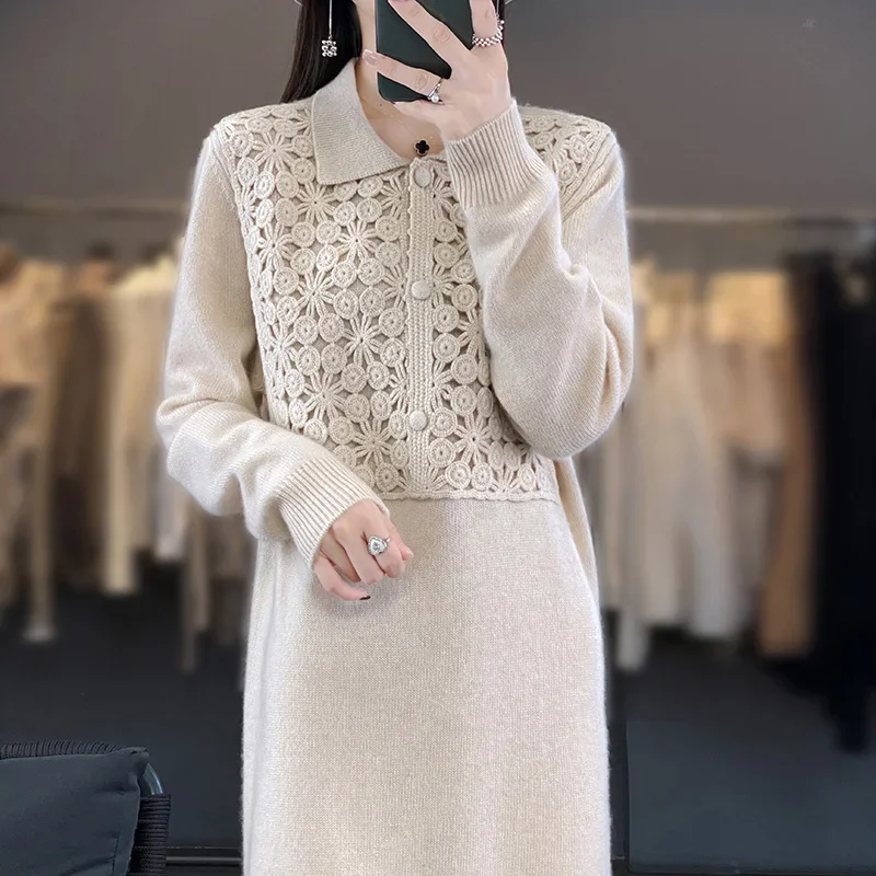 Women\'s Long Knee-Length Polo Neck Cashmere Sweater Dress Embroidered Knit Loose Slim Fit for Autumn And Winter