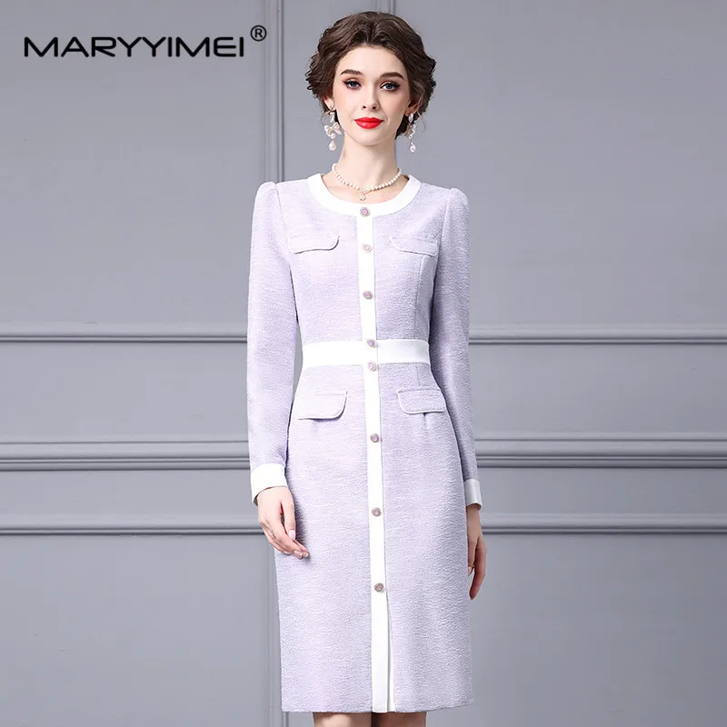 MARYYIMEI autunno inverno Fashion designer abito da donna a maniche lunghe monopetto a vita alta eleganti abiti viola pallido