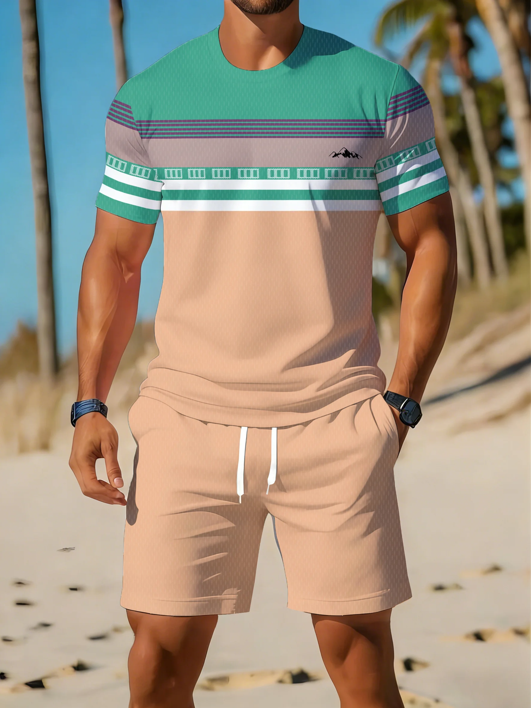 Nouvel ensemble short et t-shirt à manches courtes pour homme été 2026 - Style urbain décontracté, confortable, doux, respirant, imprimé rayures 3D