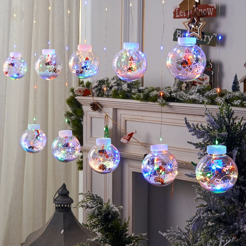 8 Mode Christmas Wishing Ball String Lights, 9.84ft 10 Lights Xmas Santa, Snowman, Curtain Lights for Home Window Ornaments