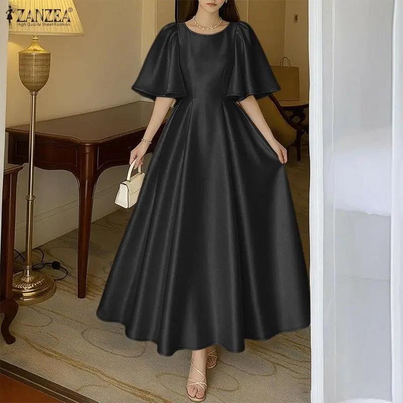Damen Stilvolles Partykleid 2026 ZANZEA Elegantes Sommer-Satin-Maxikleid Kurze Blütenblatt-Ärmel Sommerkleid Einfarbiges A-Linien-Kleid Vestidos