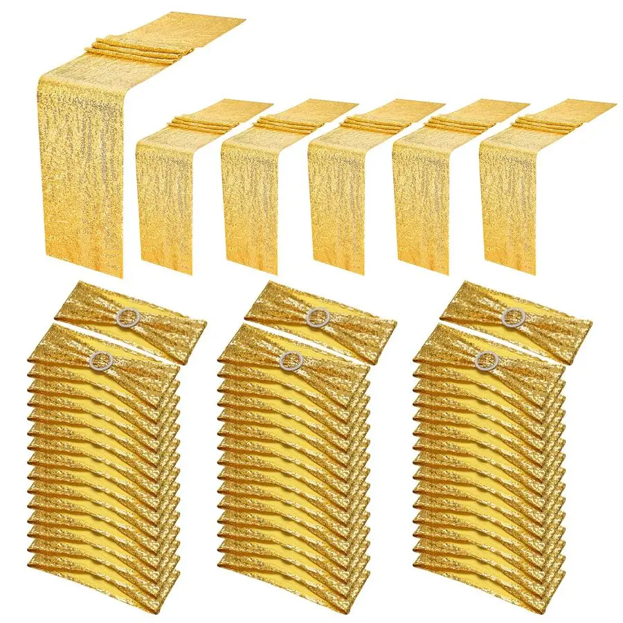 

Наборы из золотых лент с пайетками для стульев и скатертей, 48 бантов с пайетками для стульев, 6 блестящих скатертей, подходят для свадебных торжеств