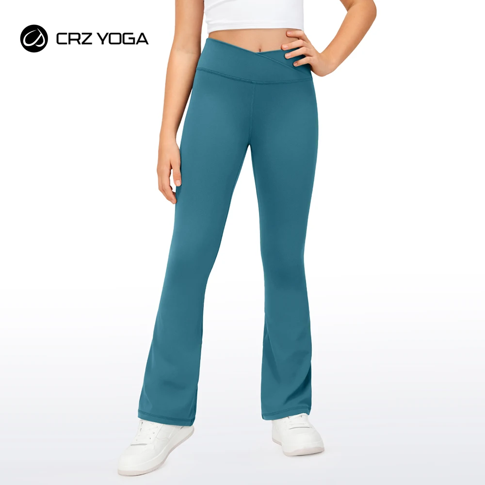 CRZ YOGA Girls Butterluxe Crossover Flare Leggings - Kids High Waist V Cross Bell Bottoms Bootcut Lounge Active Yoga Pants